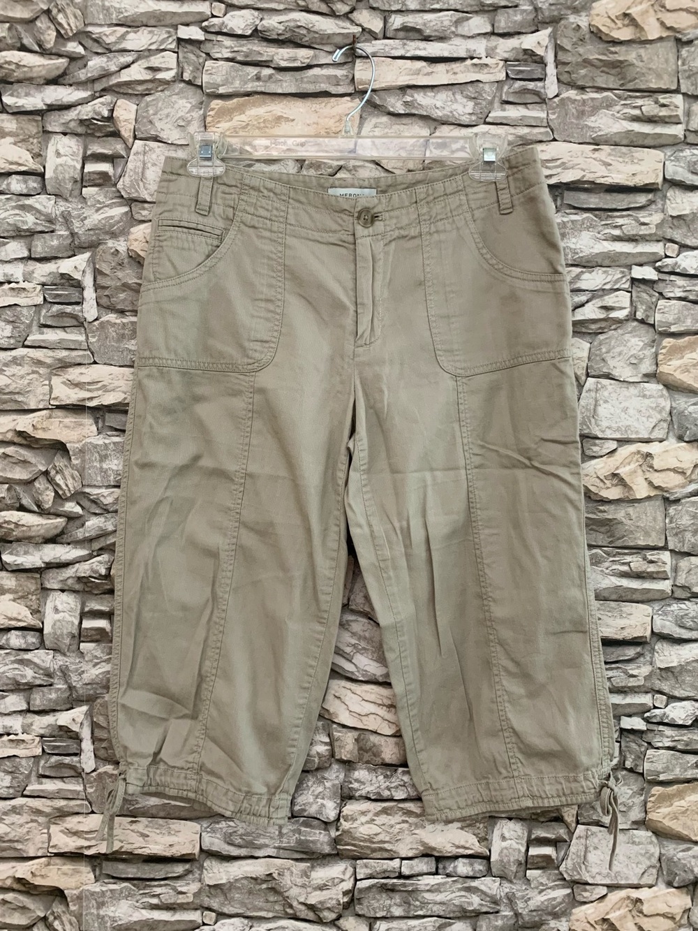 #22 Vintage Merona Khaki Corduroy Cotton Button Up Tie Crop Capri Pant Size 10